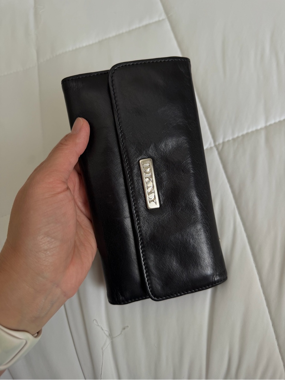 Vintage DKNY Black Leather Flap Wallet with Metal Logo Plate